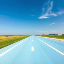 A tranquil airport runway painted in a soft light blue hue, extending into the distance