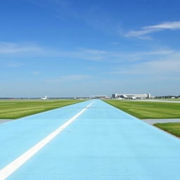 A tranquil airport runway painted in a soft light blue hue, extending into the distance