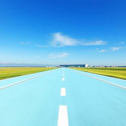 A tranquil airport runway painted in a soft light blue hue, extending into the distance