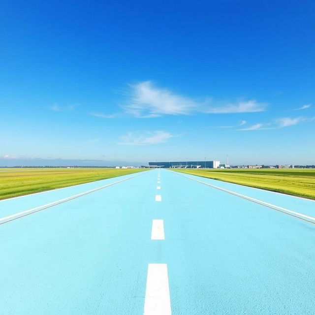 A tranquil airport runway painted in a soft light blue hue, extending into the distance