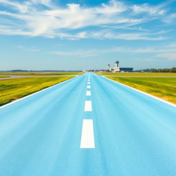 A tranquil airport runway painted in a soft light blue hue, extending into the distance