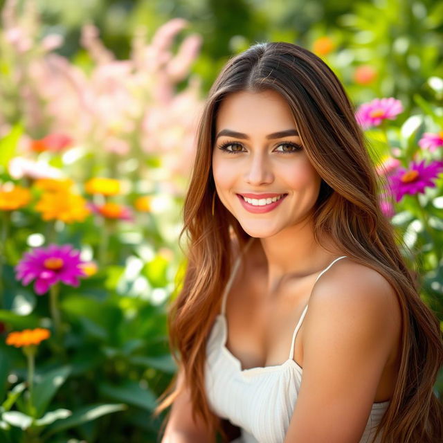 A portrait of an attractive woman with natural makeup, sitting outdoors in a sunny garden filled with lush green plants and colorful flowers