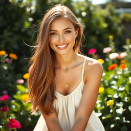 A portrait of an attractive woman with natural makeup, sitting outdoors in a sunny garden filled with lush green plants and colorful flowers