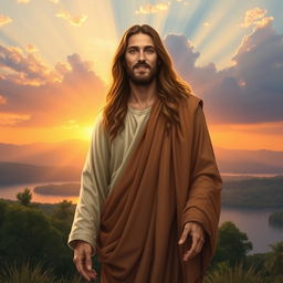 A serene and majestic depiction of Jesus Christ, with long flowing hair and a compassionate expression