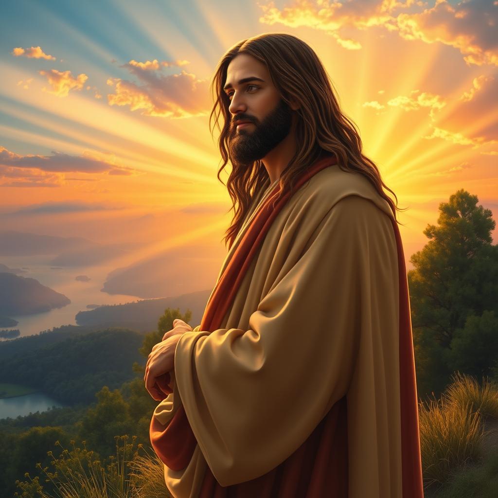 A serene and majestic depiction of Jesus Christ, with long flowing hair and a compassionate expression