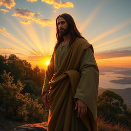 A serene and majestic depiction of Jesus Christ, with long flowing hair and a compassionate expression