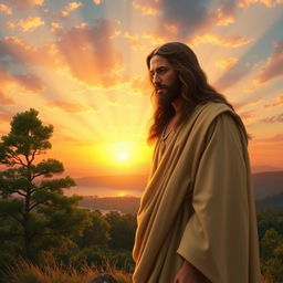 A serene and majestic depiction of Jesus Christ, with long flowing hair and a compassionate expression