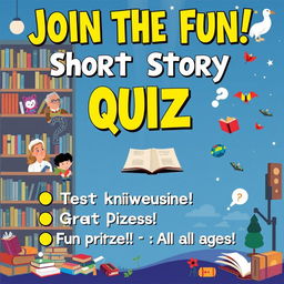 A vibrant, eye-catching poster promoting an interactive quiz about literature, specifically focusing on short stories
