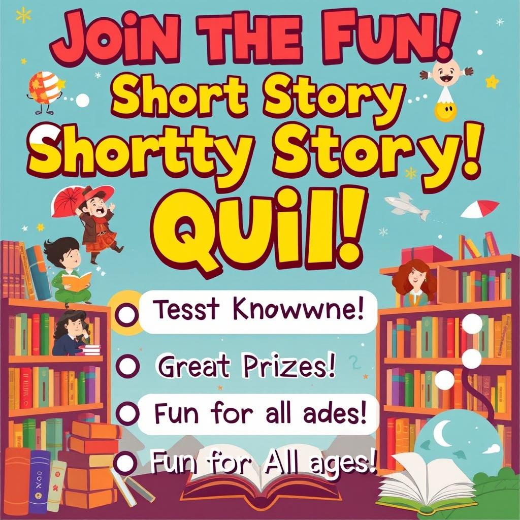 A vibrant, eye-catching poster promoting an interactive quiz about literature, specifically focusing on short stories