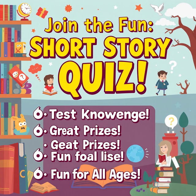 A vibrant, eye-catching poster promoting an interactive quiz about literature, specifically focusing on short stories