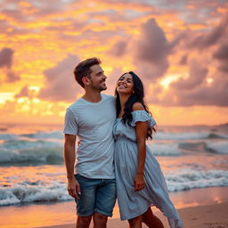 A romantic sunset beach scene featuring a couple, one being a man and the other a woman