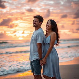 A romantic sunset beach scene featuring a couple, one being a man and the other a woman