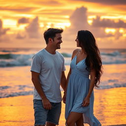 A romantic sunset beach scene featuring a couple, one being a man and the other a woman