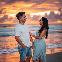 A romantic sunset beach scene featuring a couple, one being a man and the other a woman