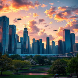 A stunning, futuristic city skyline at sunset, featuring sleek skyscrapers with reflective glass surfaces, illuminated windows, and flying cars darting between buildings