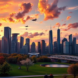 A stunning, futuristic city skyline at sunset, featuring sleek skyscrapers with reflective glass surfaces, illuminated windows, and flying cars darting between buildings