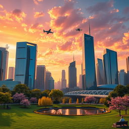 A stunning, futuristic city skyline at sunset, featuring sleek skyscrapers with reflective glass surfaces, illuminated windows, and flying cars darting between buildings