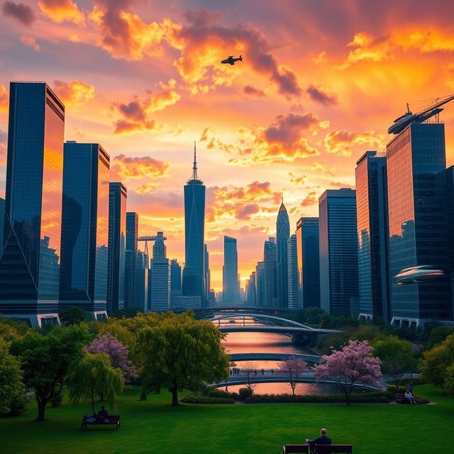 A stunning, futuristic city skyline at sunset, featuring sleek skyscrapers with reflective glass surfaces, illuminated windows, and flying cars darting between buildings