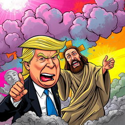 A dramatic scene depicting a cartoonish Donald Trump, with exaggerated facial features and a lively expression, in the midst of a comical fight with a stylized version of Jesus Christ