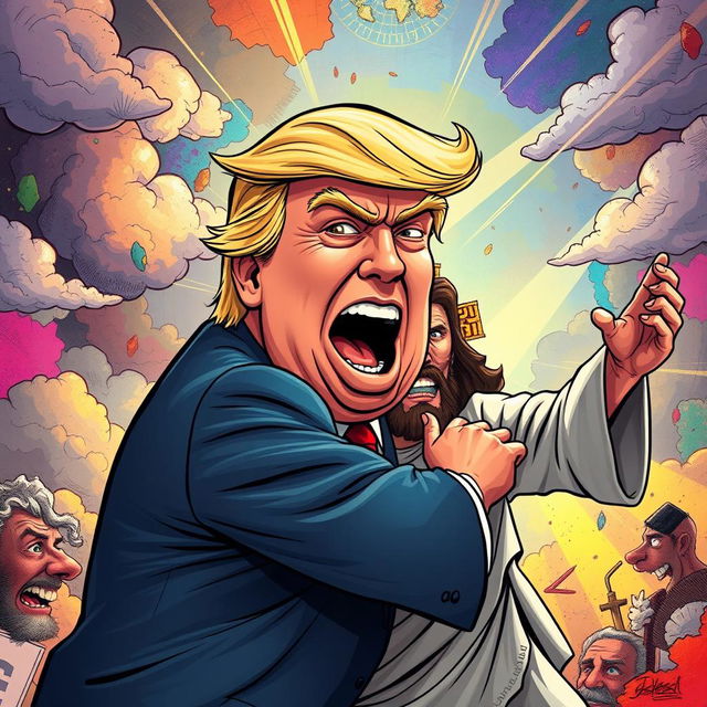 A dramatic scene depicting a cartoonish Donald Trump, with exaggerated facial features and a lively expression, in the midst of a comical fight with a stylized version of Jesus Christ