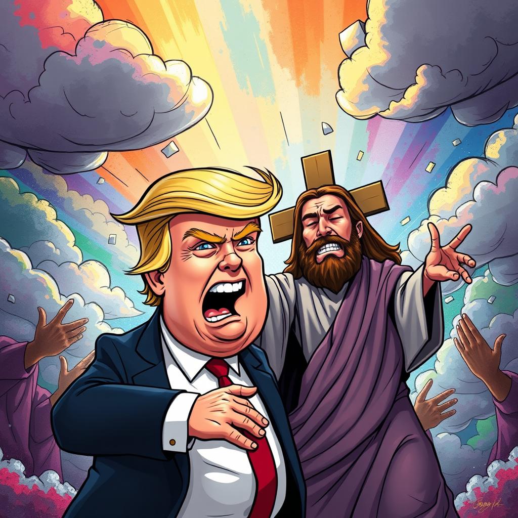 A dramatic scene depicting a cartoonish Donald Trump, with exaggerated facial features and a lively expression, in the midst of a comical fight with a stylized version of Jesus Christ