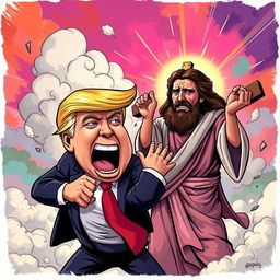 A dramatic scene depicting a cartoonish Donald Trump, with exaggerated facial features and a lively expression, in the midst of a comical fight with a stylized version of Jesus Christ