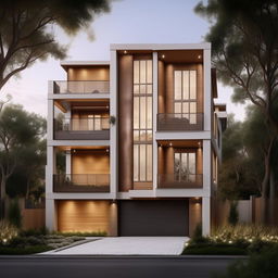 Create an elegant three-story building on a 60ft x 30ft plot. The design includes a right-sided garage with a ladder, crafted with a beautiful and modern architectural style.