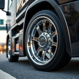 A highly detailed image of custom IVECO rims and wheels designed for a cutting-edge semi-truck