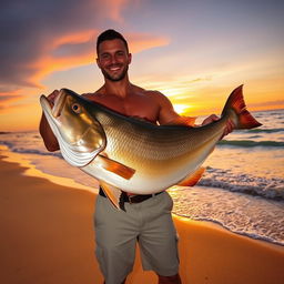 A muscular man standing on a picturesque beach, holding a giant fish in both hands, displaying it proudly