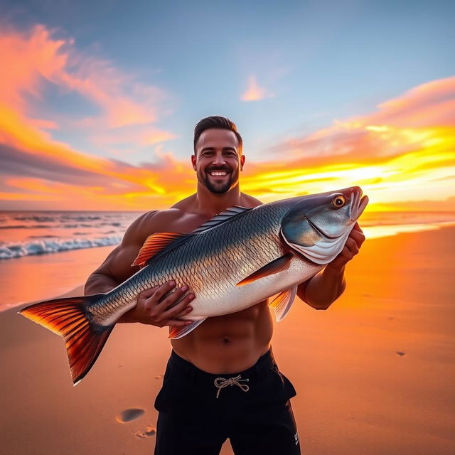 A muscular man standing on a picturesque beach, holding a giant fish in both hands, displaying it proudly