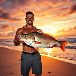 A muscular man standing on a picturesque beach, holding a giant fish in both hands, displaying it proudly