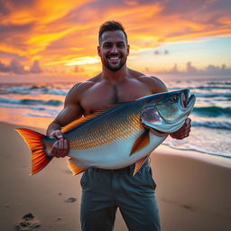 A muscular man standing on a picturesque beach, holding a giant fish in both hands, displaying it proudly