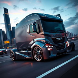 An eye-catching depiction of custom IVECO rims and wheels designed for a cutting-edge semi-truck