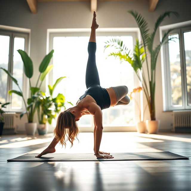 A woman in the classic yoga pose known as 'Downward Facing Dog', demonstrating strength and flexibility