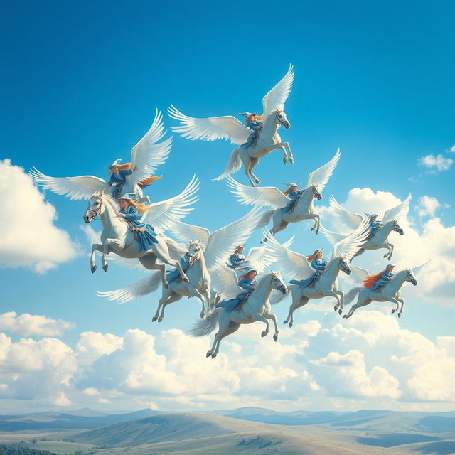 A breathtaking scene depicting six majestic winged horses soaring through a bright blue sky, each one carrying a wizard or witch dressed in flowing light blue robes