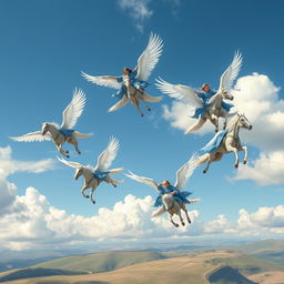 A breathtaking scene depicting six majestic winged horses soaring through a bright blue sky, each one carrying a wizard or witch dressed in flowing light blue robes