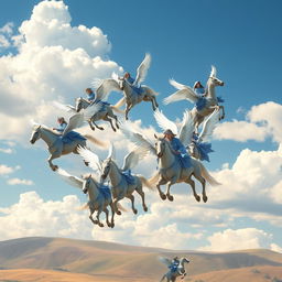 A breathtaking scene depicting six majestic winged horses soaring through a bright blue sky, each one carrying a wizard or witch dressed in flowing light blue robes