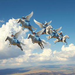 A breathtaking scene depicting six majestic winged horses soaring through a bright blue sky, each one carrying a wizard or witch dressed in flowing light blue robes