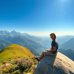 A serene mountain landscape featuring a lush green hillside with vibrant wildflowers, surrounded by towering peaks under a clear blue sky