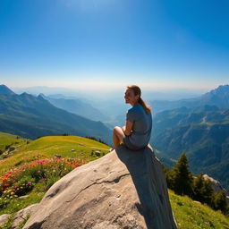 A serene mountain landscape featuring a lush green hillside with vibrant wildflowers, surrounded by towering peaks under a clear blue sky
