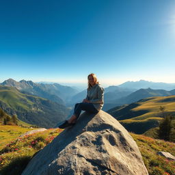 A serene mountain landscape featuring a lush green hillside with vibrant wildflowers, surrounded by towering peaks under a clear blue sky