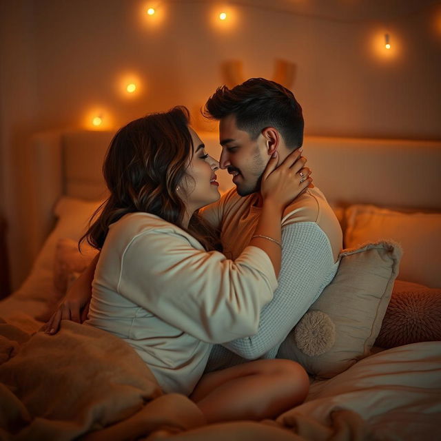 An intimate couple sharing a passionate moment in a beautifully lit bedroom, filled with soft textures and warm colors