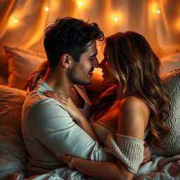 An intimate couple sharing a passionate moment in a beautifully lit bedroom, filled with soft textures and warm colors