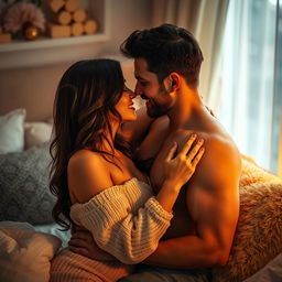 An intimate couple sharing a passionate moment in a beautifully lit bedroom, filled with soft textures and warm colors
