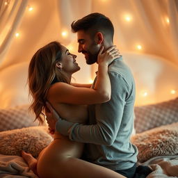 An intimate couple sharing a passionate moment in a beautifully lit bedroom, filled with soft textures and warm colors