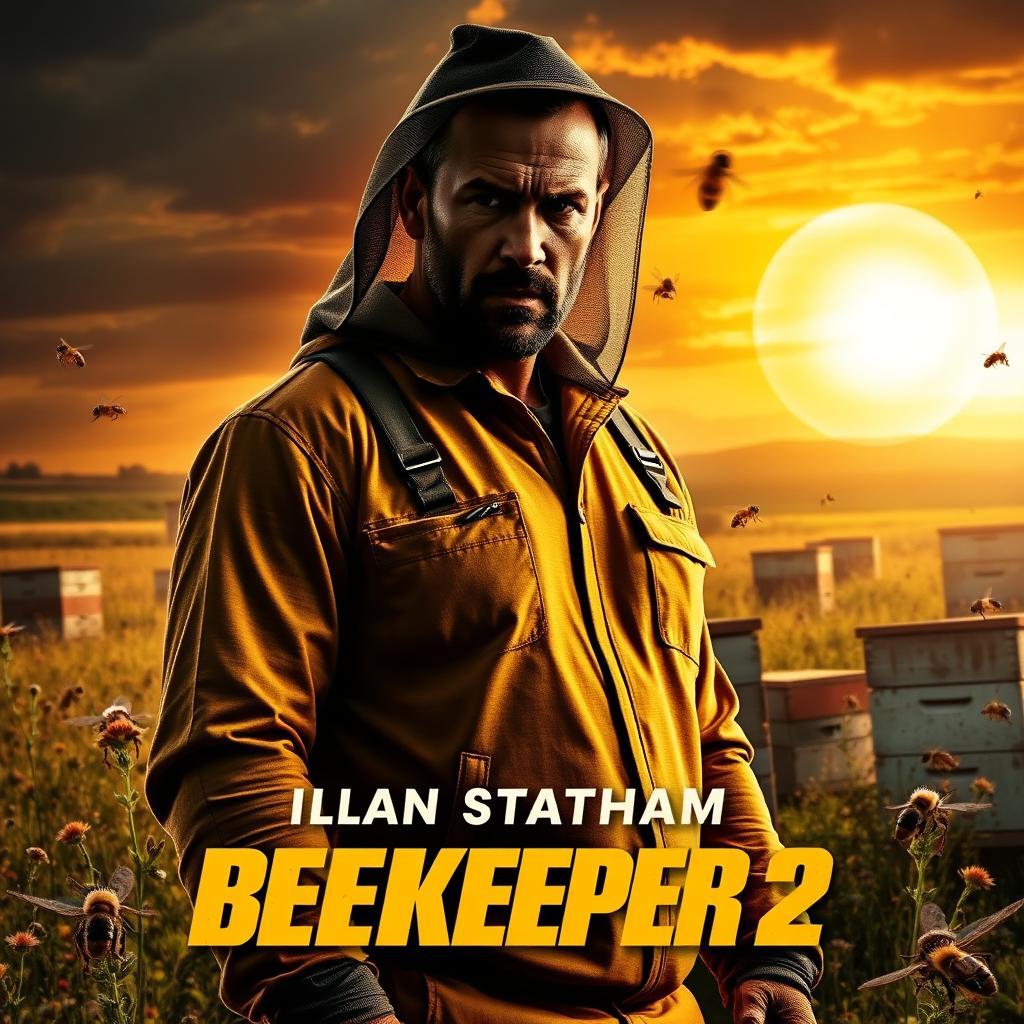 A cinematic poster for 'The Beekeeper 2' featuring Jason Statham as a rugged and intense beekeeper