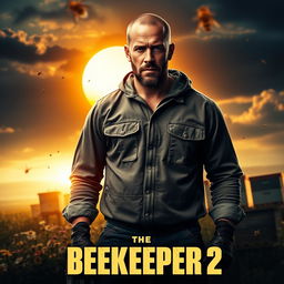 A cinematic poster for 'The Beekeeper 2' featuring Jason Statham as a rugged and intense beekeeper