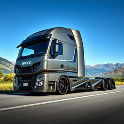 A striking visualization of custom IVECO rims and wheels on a cutting-edge semi-truck