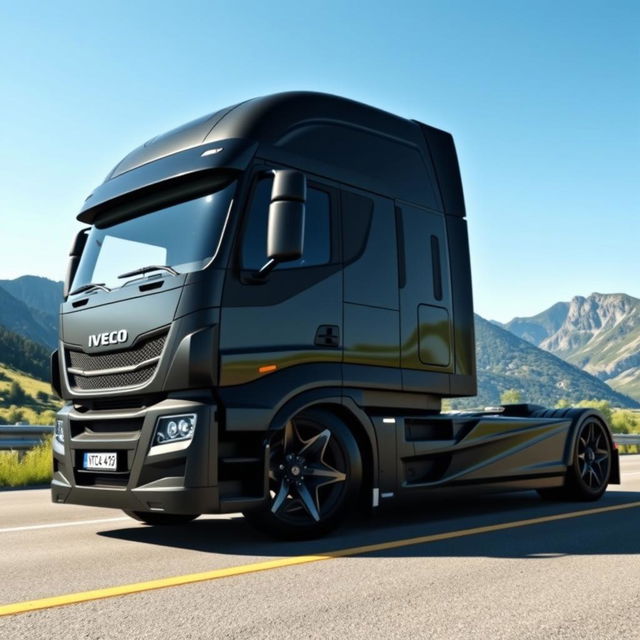 A striking visualization of custom IVECO rims and wheels on a cutting-edge semi-truck