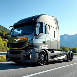 A striking visualization of custom IVECO rims and wheels on a cutting-edge semi-truck